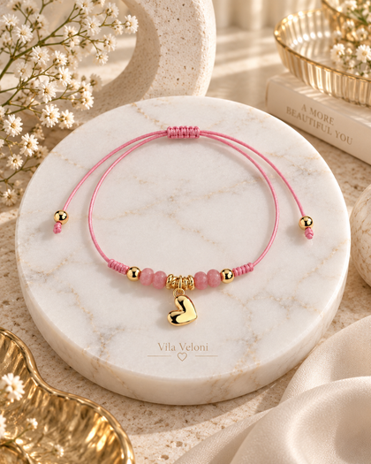Heart Charm Bracelet - Pink, 18k Gold Plated, Adjustable