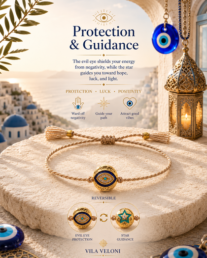 Reversible Star & Evil Eye Bracelet - Double-Sided Charm, 18K Gold Plated Sterling Silver, Adjustable