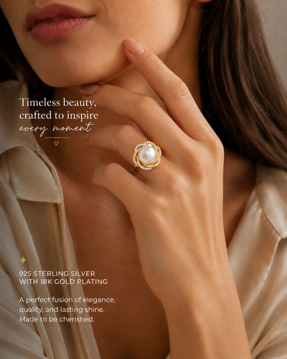 Elegant Pearl Halo Ring in 925 Sterling Silver with 18K Gold Plating & Cubic Zirconia