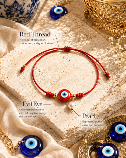 Evil Eye Bracelet - Turkish Eye & Pearl, Red Adjustable String