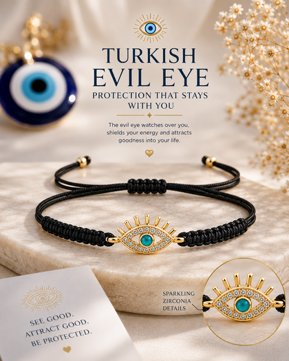 Evil Eye Bracelet - Energy Shield Black, Woven Thread, 925 Silver 18k Gold Plated, Adjustable