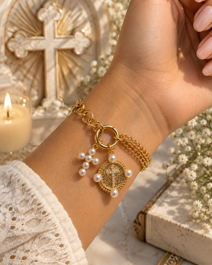 Refuge of Light Bracelet - Cross & Medallion Charms, 18k Gold Plated, Adjustable
