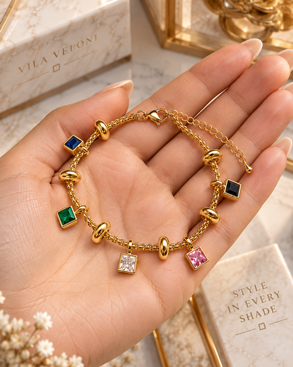 Charm Bracelet - Multicolor Cubic Zirconia, 18k Gold Plated Brass