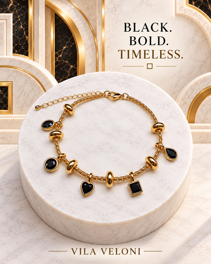Charm Bracelet - Black Cubic Zirconia, 18k Gold Plated Brass