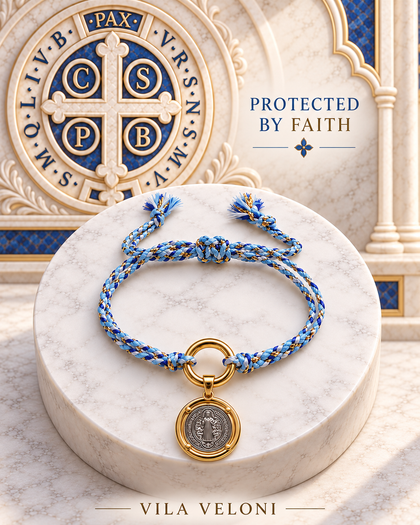 Serene Strength Bracelet - Saint Benedict Medal, Blue Cord, 18k Gold Plated, Adjustable