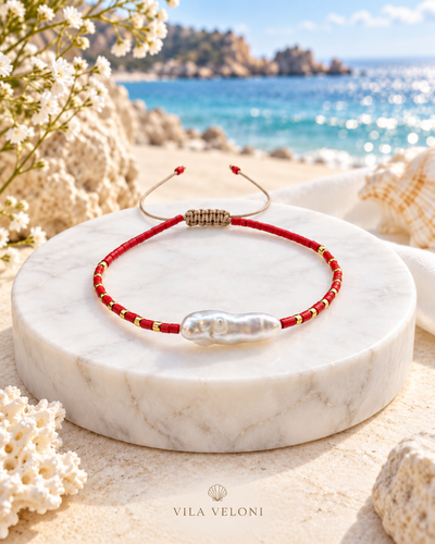 Crystal Bracelet - Ocean Ruby, Baroque Pearl, Gold-Tone Accents, Adjustable