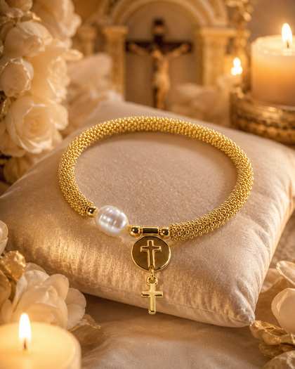 Mini Bead Bracelet - Cross Charm & Pearl, 18k Gold Plated, Adjustable