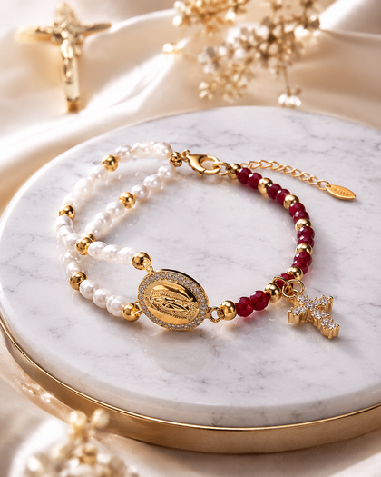 Rosary Bracelet - Cross & Virgin Mary Charms, 18k Gold Plated Brass with Red Pearls