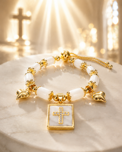 Faith Cross Bracelet - White Stones & Heart Charms, 18k Gold-Plated Brass, Adjustable