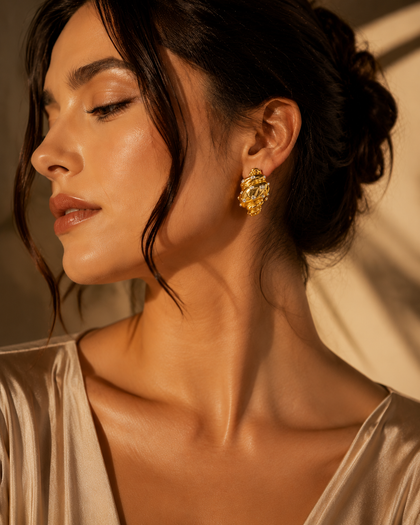 Croissant-Shaped Earrings with Sparkling Zirconia - Brass with 18K Gold Plating