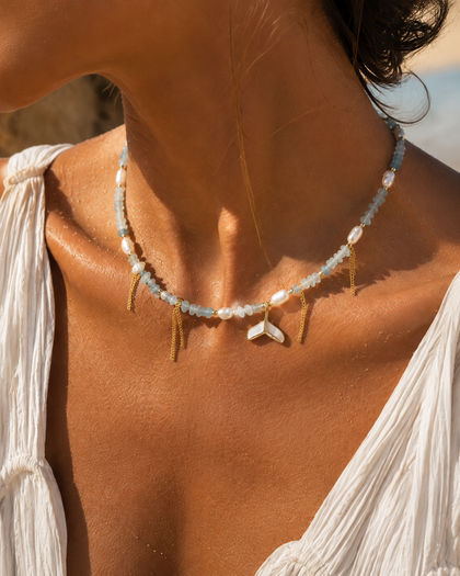 Ocean-Inspired Necklace with Cultured Pearls, Light Blue Semi-Precious Stones, and Mermaid Tail Charms