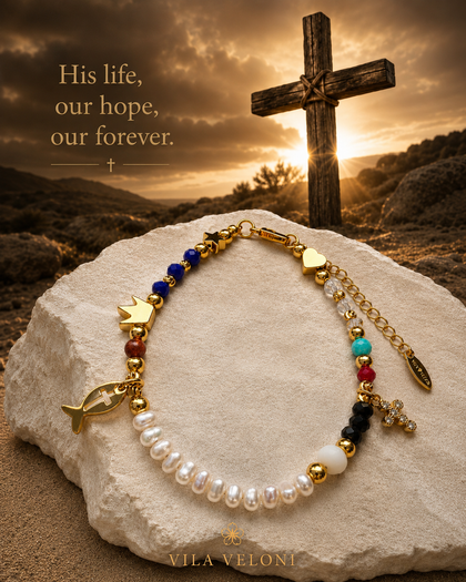 Jesus Story Bracelet - Symbolic Charms, Freshwater Pearls and 18K Gold-Plated Details, Adjustable