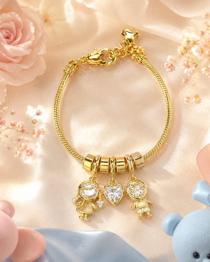 Family Love Bracelet - Boy, Girl & Heart Charms, 18k Gold Plated Brass