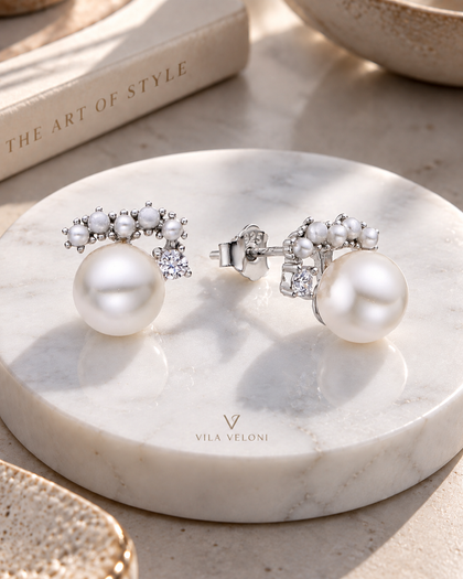Pearl Crown Earrings - Silver, 925 Sterling Silver