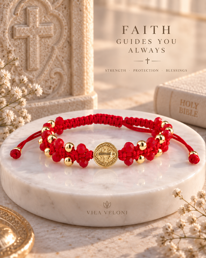 Saint Benedict Bracelet - Red Cord with Crystals and Gold Beads, Adjustable