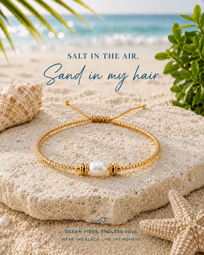 Beaded Bracelet - Ivory Glow, Natural Stones and Pearl, 18k Gold Plated Beads, Adjustable