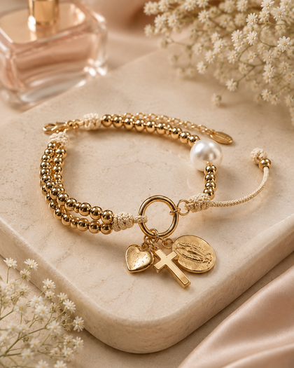 Virgin Mary Rosary Bracelet - Cross, Heart & Cubic Zirconia Medallion, 18K Gold Plated, Adjustable