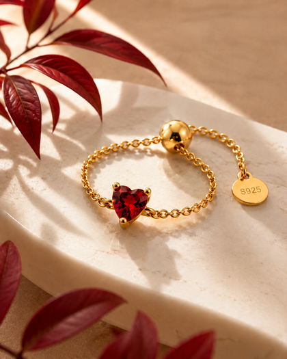 Eternal Heart Adjustable Ring - Ruby Red, Sterling Silver 925 & 18K Gold Plated
