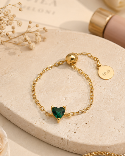 Eternal Heart Adjustable Ring - Emerald Green, Sterling Silver 925 & 18K Gold Plated