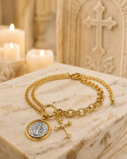 Saint Benedict Bracelet - Two-Tone Medal & Cross, 18k Gold Plated, Adjustable