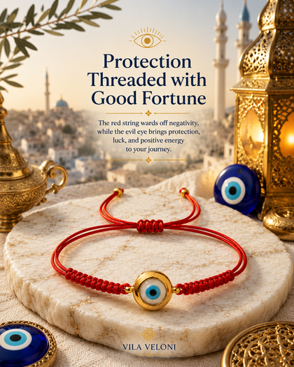 Evil Eye Bracelet - Red String, Sterling Silver Gold-Plated, Adjustable