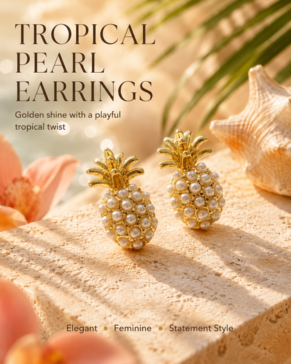 Pineapple Design Earrings with Pearls in Brass and 18k Gold Plating