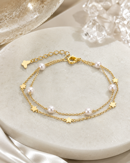 Double Chain Bracelet - Pearls & Stars, Sterling Silver 18K Gold Plated, Adjustable