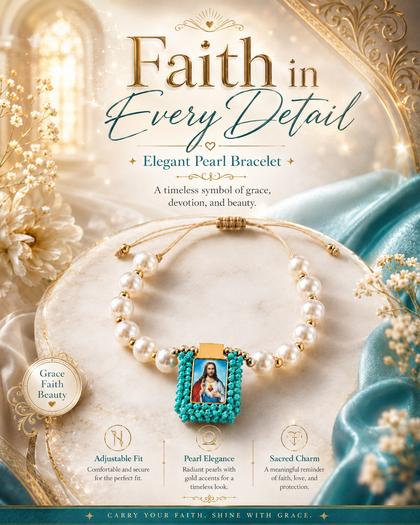 Sacred Heart of Jesus Bracelet - Jesus Medallion with Turquoise Accents, Pearls & Adjustable Cord
