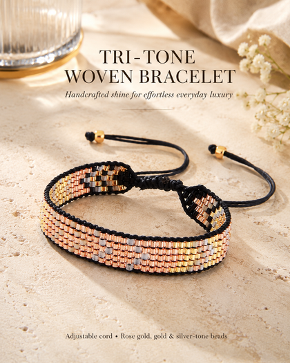 Tricolor Mosaic Cord Bracelet - Gold, Rose Gold & Silver, Adjustable