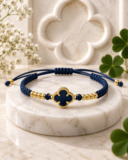 Clover Bracelet - Deep Navy, Four-Leaf Clover Charm, Gold-Tone Accents, Adjustable