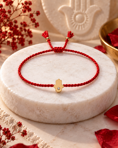 Red Thread Bracelet with Hand of Fatima and Zirconia in 925 Silver and 18k Gold Plated
