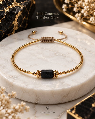 Beaded Bracelet - Black Stone, Natural Stones and Pearl, 18k Gold Plated Beads, Adjustable