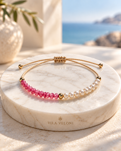 Adjustable Bracelet with Pink Crystals and pearls
