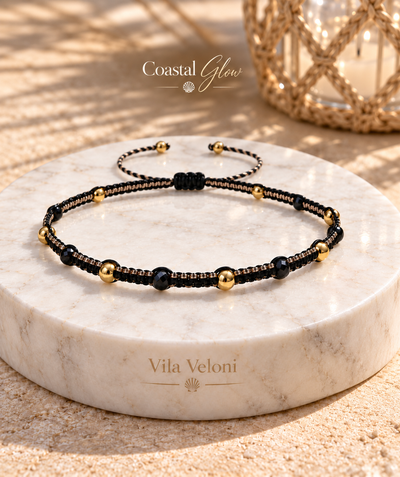 Cord Bracelet with Beads and Black Crystals