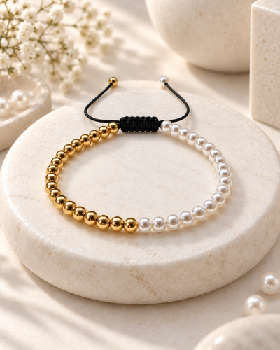 Pearl Bracelet - Gold-Tone Beads, Black Adjustable Cord