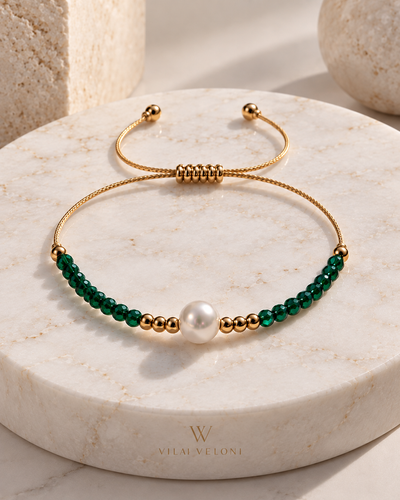 Ocean Pearl Bracelet - Emerald Green, Freshwater Pearl & 18K Gold Plated, Adjustable