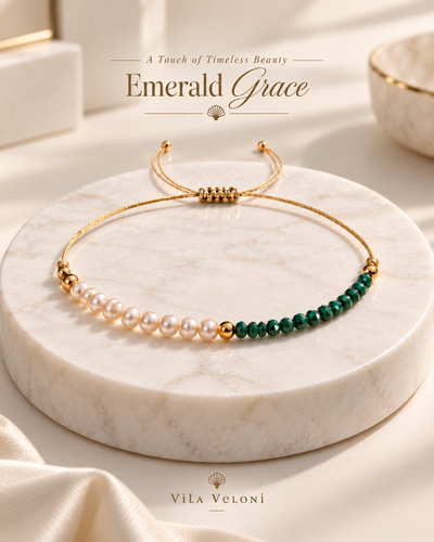 Adjustable Pearl Bracelet with Green Crystals