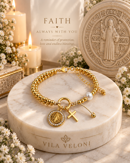 Rosary Bracelet - Saint Benedict and Cross, 18k Gold Plated with Pearls