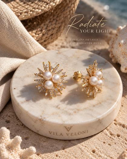 Soleil Pearl Bloom Earrings - Golden Radiance with Pearls