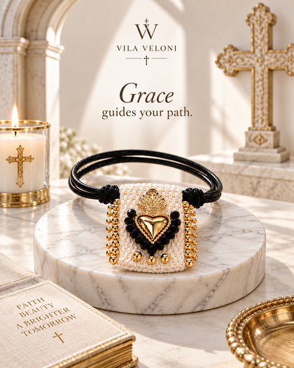 Woven Heart Bracelet - Obsidian Devotion, Heart Charm with Crystals, Adjustable Cord Made USA