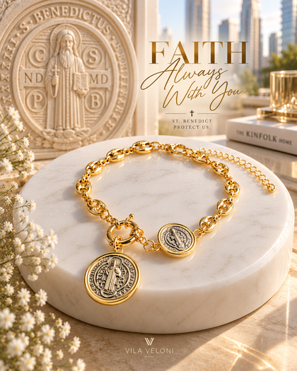 Saint Benedict Bracelet - Double Medal, 18k Gold Plated Chain, Adjustable