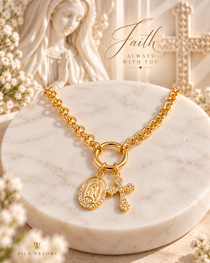 Link necklace with Virgin Mary medal and Zirconia cross and 18k gold plating
