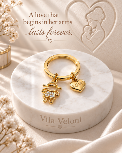 Ring with girl charm with cubic zirconia and heart in brass and 18k gold plating