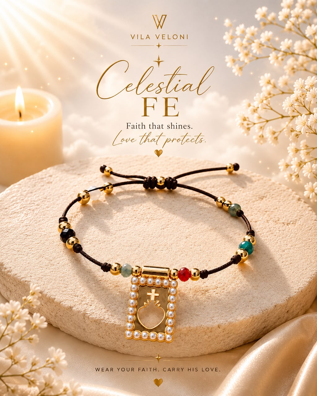 Sacred Heart Bracelet - Pearls & Gemstones, Adjustable | Vila