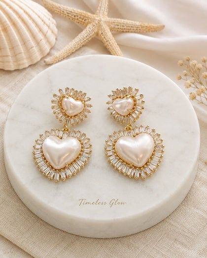 Pearl Radiance Hearts - 18K Gold Plated Brass Earrings
