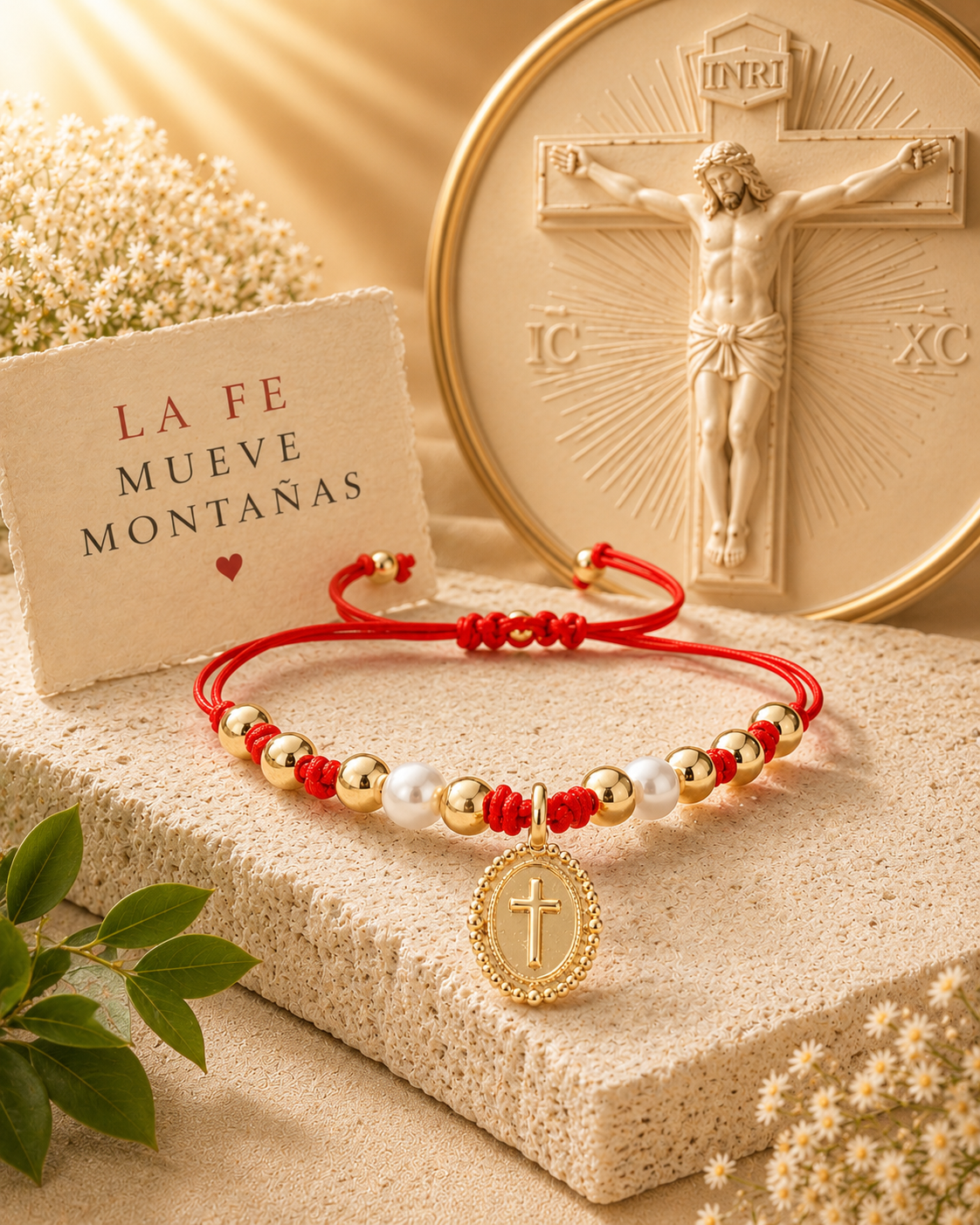 Faith Bracelet - Cross Medal, Gold-Tone Beads and Pearl | Vila