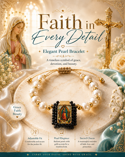 Virgin Mary Bracelet - Thread with Pearls and Black Crystals, 18k Gold Plated, Adjustable