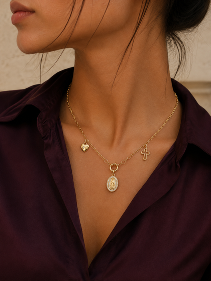 Virgin Mary Charm Necklace with Cross and Heart