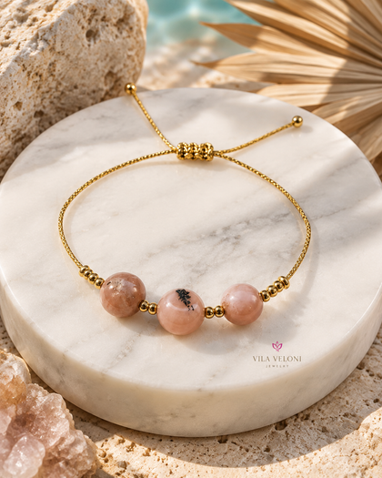 Natural Stone Bracelet - Soft Blush Pink, Stones and Crystals, Gold-Tone Cord, Adjustable