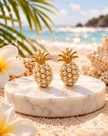 Pineapple Design Earrings with Pearls in Brass and 18k Gold Plating